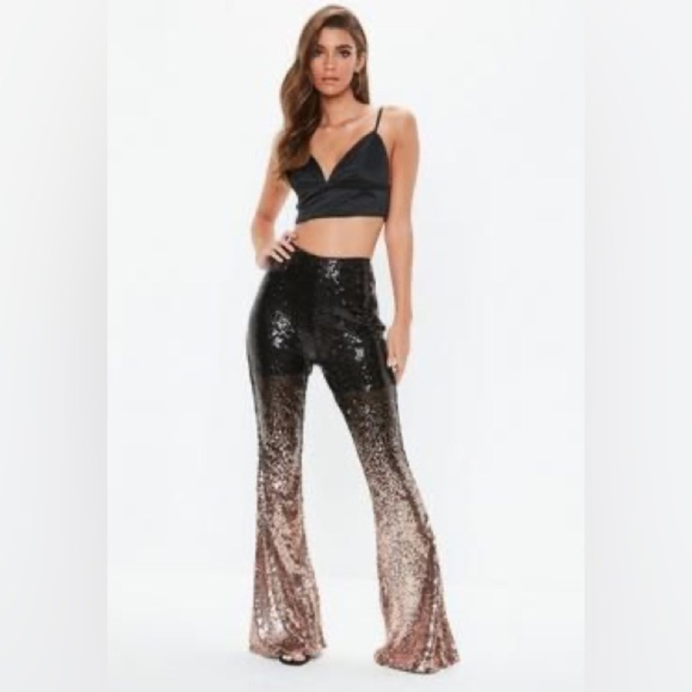 VENUS Black to Rose Gold Sequin Flare Pants Large NWOT